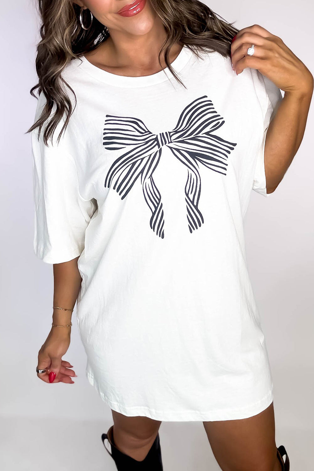 White Striped Bow Knot Graphic Tunic T Shirt