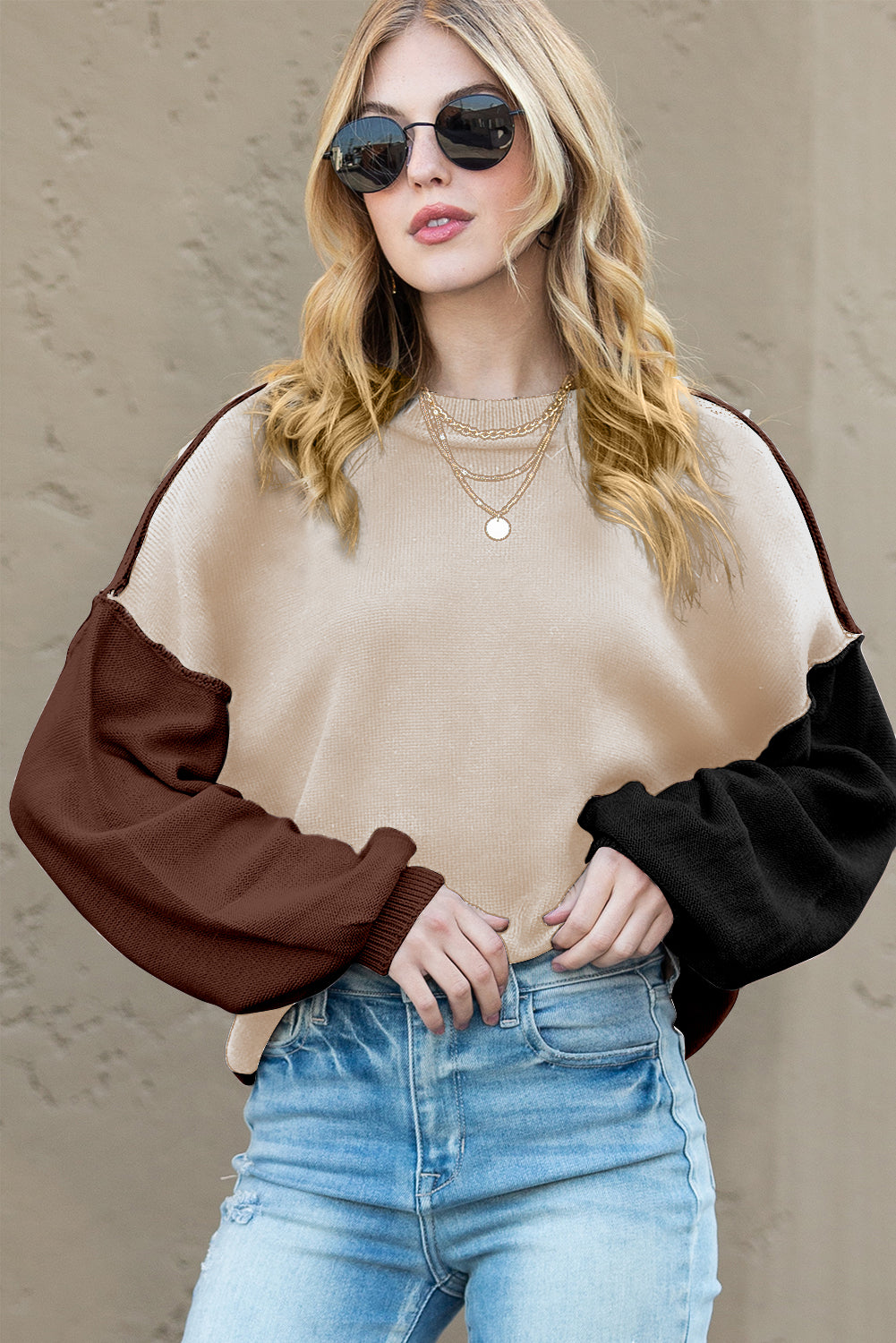 Brown Colorblock Bishop Sleeve Exposed Seam Ribbed Trim Sweater