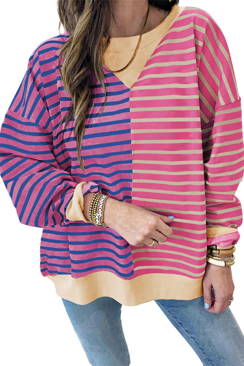 Pink Stripe Colorblock Drop Shoulder Oversize Sweatshirt