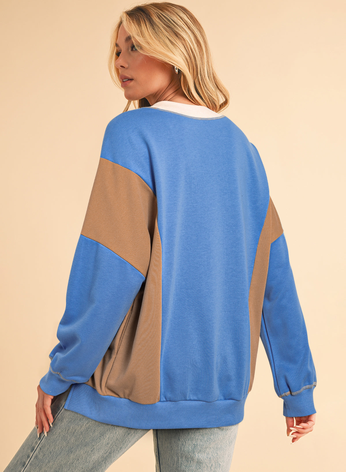 Sky Blue Colorblock Exposed Seam Patchwork Oversized Sweatshirt