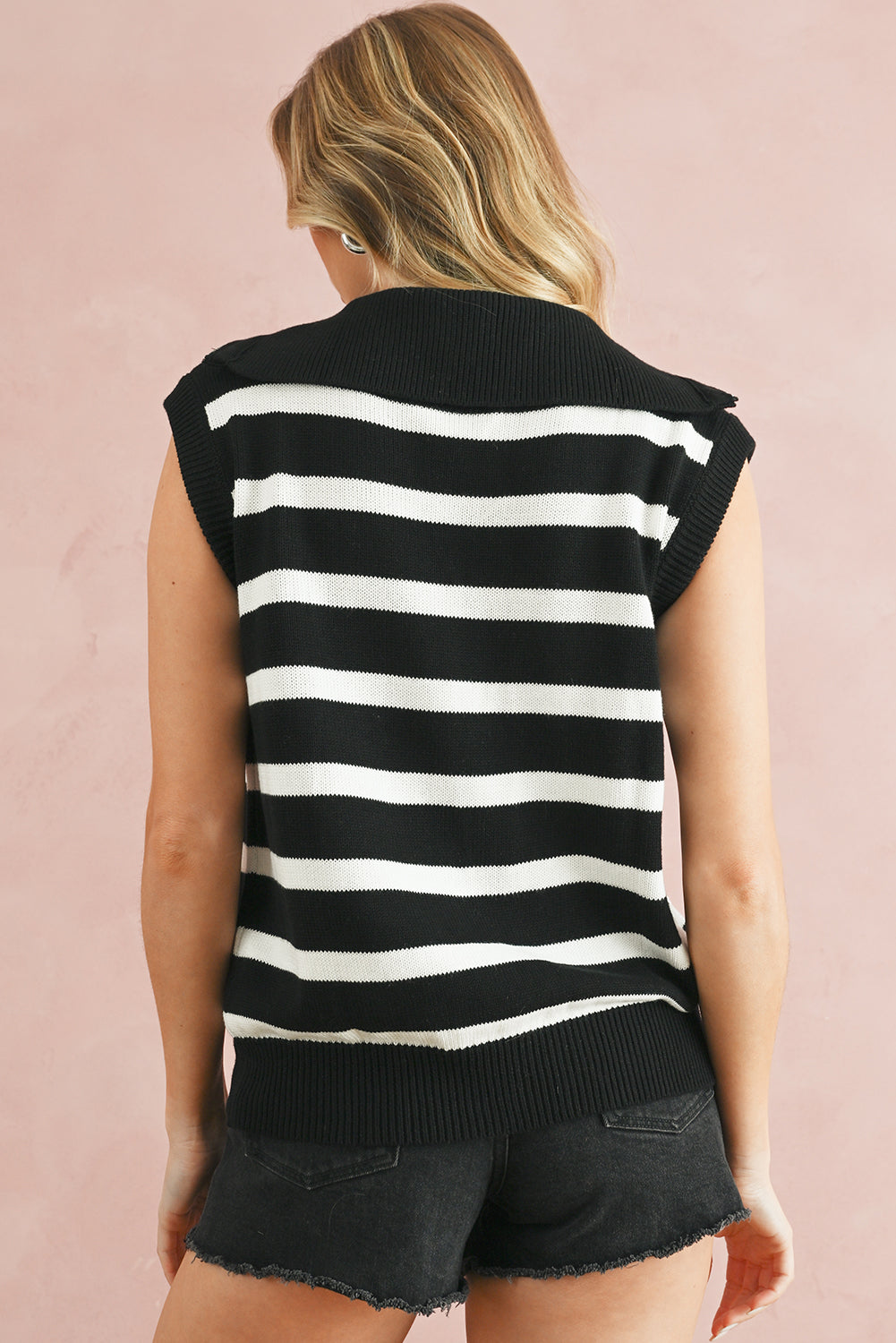 Black Stripe Sleeveless Zipped Collar Knit Top