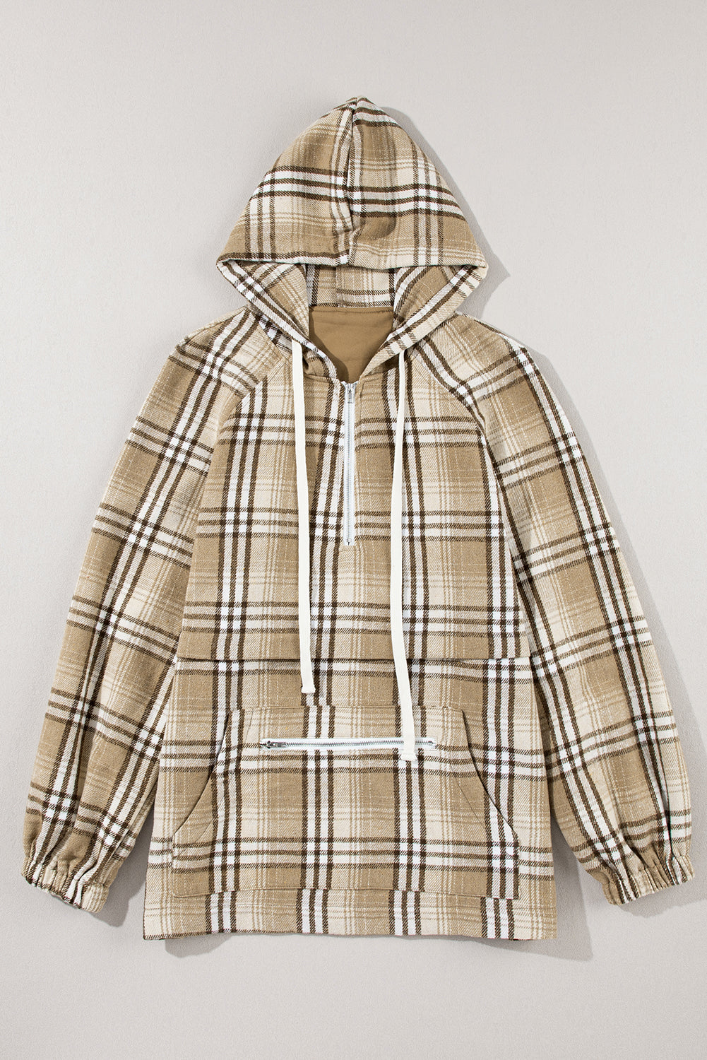 Khaki Plaid Kangaroo Pocket Zipped Hoodie