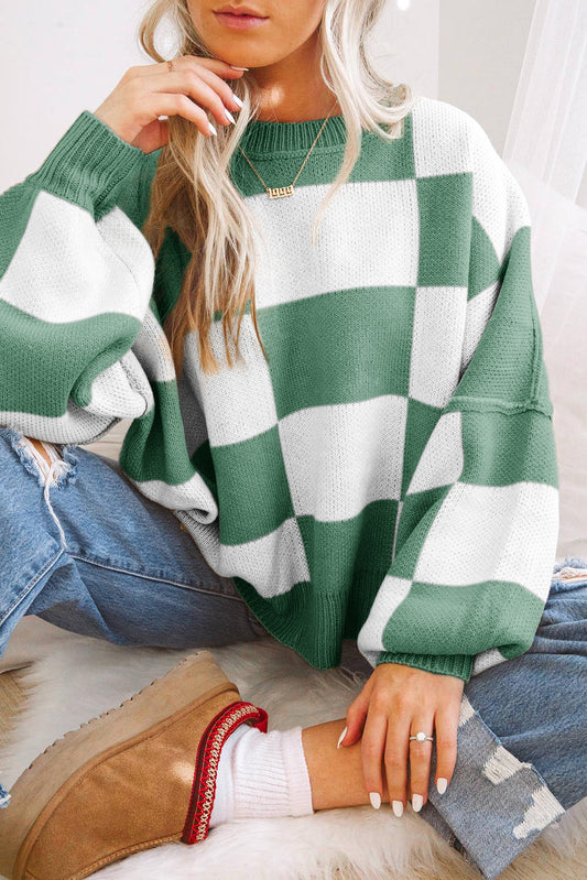 Green Checkered Bishop Sleeve Pullover Sweater