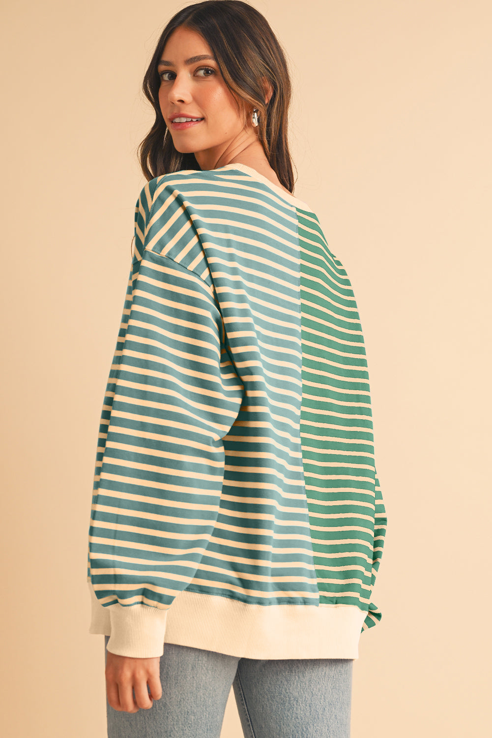 Green Stripe Colorblock Drop Shoulder Oversized Sweatshirt