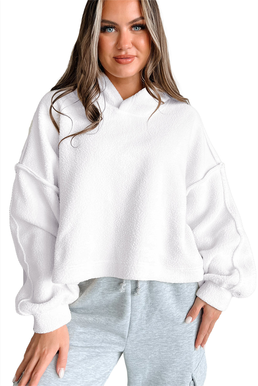 White Sherpa Fleece Drop Shoulder Hoodie